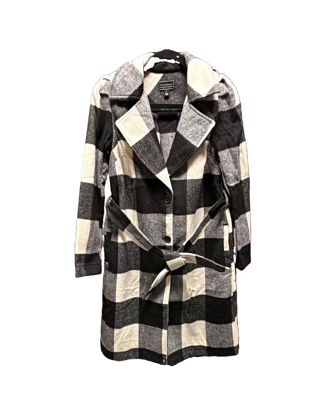 G By Giuliana Women's S Black White Plaid Belted Long Wool Blend Overcoat size S - Picture 2 of 8